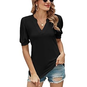 Romanstii-Women-Casual-V-neck-T-Shirts-Loose-Puff-Short-Sleeve-Tops-Tunic-Blouse Romanstii Women's Classic-Fit Short Sleeve V-Neck T-Shirt,Black,L