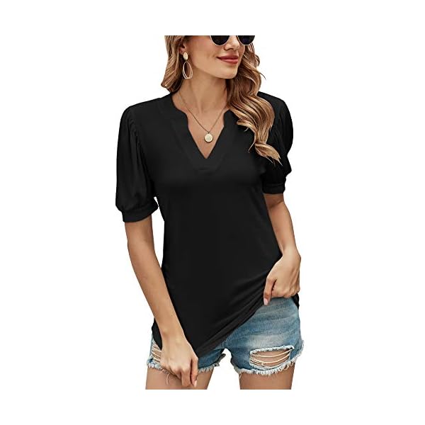 Romanstii-Women-Casual-V-neck-T-Shirts-Loose-Puff-Short-Sleeve-Tops-Tunic-Blouse Romanstii Women's Classic-Fit Short Sleeve V-Neck T-Shirt,Black,L