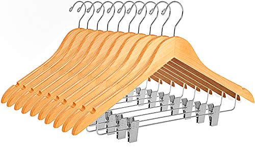 quality wooden skirt hangers with clips, 10-pack smooth solid wood pants hangers with durable adjustable metal clips, swivel hook, coat, jacket, blouse suit hangers (natural, 10)