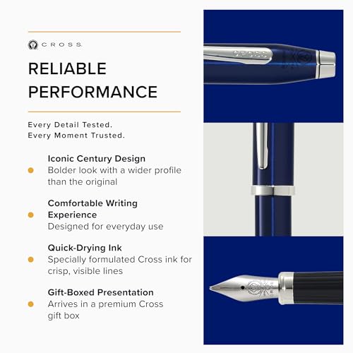 Image of Cross Century II Fountain Pen - Stainless Steel M Nib - Black Ink - Includes Premium Gift Box - Translucent Blue Lacquer with Chrome Plated Fittings