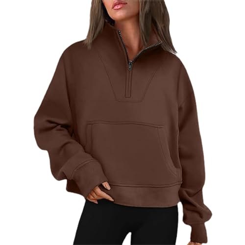 Sudadera con cuello alto y media cremallera para mujer, con bolsillos, para otoño e invierno, moderna, de manga larga, color liso, cálida, informal, holgada, A-café, L