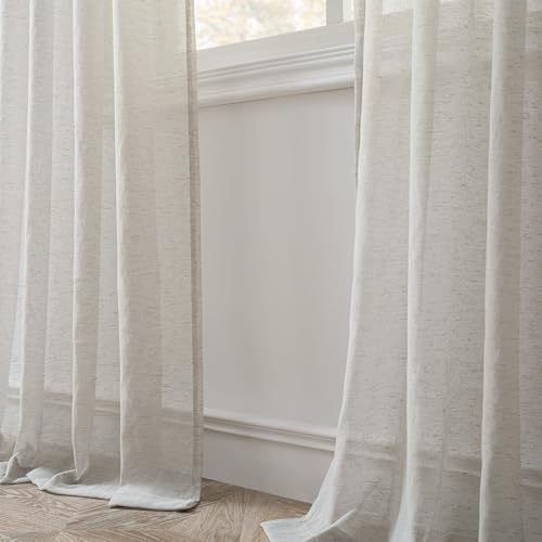 Image of FMFUNCTEX Linen Sheer Curtains for Bedroom, Grey Curtains 84 inches Long for Living Room, Gray Farmhouse French Flax Blend Window Draperies, Rod Pocket 2 Panels Set