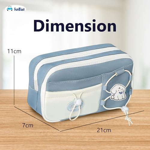 Image of FunBlast Pencil Pouch for Girls - Aesthetic Multi-Compartment Zipper Pouch with Drawstring Pocket, Cute Kawaii Pencil Case, Stylish Stationery Pouch, Return Gift for Kids & School Use (Grey)