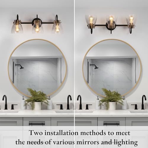 Image of KSANA Bathroom Light Fixtures, 3 Light Black and Gold Vanity Lights for Bathroom with Clear Cracked Glass Shade, 22.4'' Modern Brass Bathroom Lights Over Mirror