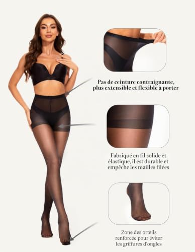 CozyWow Collants Femme 20 Denier à Effet Soie – Haute Taille, Bout Renforcé & Contour Moulant Noir XL – vue 3