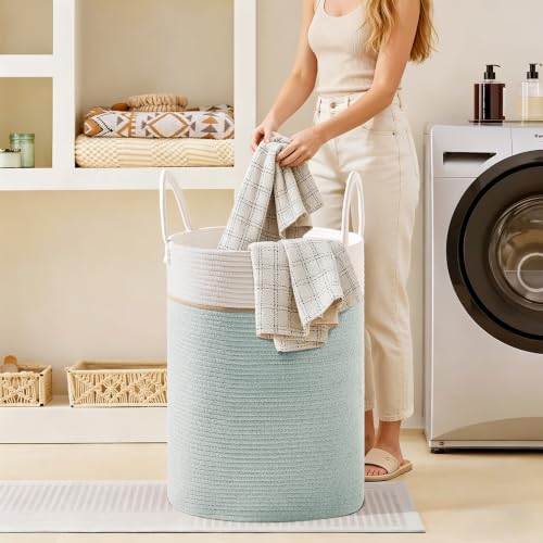 Image of 58L Tall Cotton Rope Laundry Basket with Handles, Sage Green