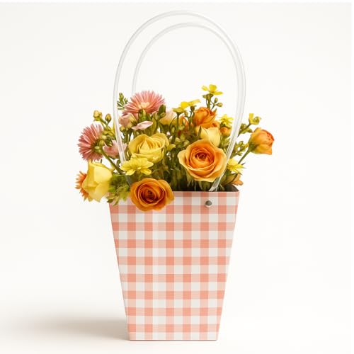 Image of Oasis Luxury Gift Bouquet Bag - Pink Conical Chex Printed Kraft Paper Bag with Handle - Waterproof Floral Packaging for Fresh Bouquets - Ideal for Weddings, Events, and Gifts - 5757 (P-10)