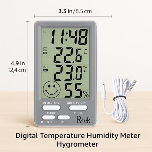 Image of R-TEK Digital Temperature Humidity Meter Hygrometer Thermo Room LCD Display Indoor Weather Sensor with Alarm Clock for Home Office Labs Monitoring Gauge Date time (RT-803)