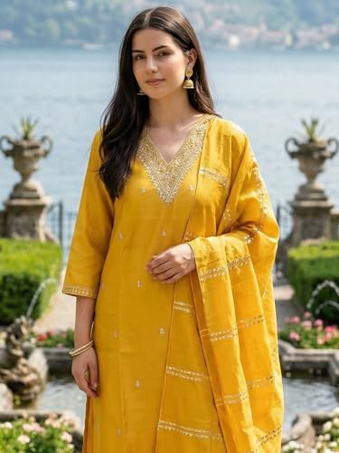 Image of INDO ERA Women's Silk Blend Embroidered Thread Work Kurta & Pant with Dupatta Set | Suit Set For Women