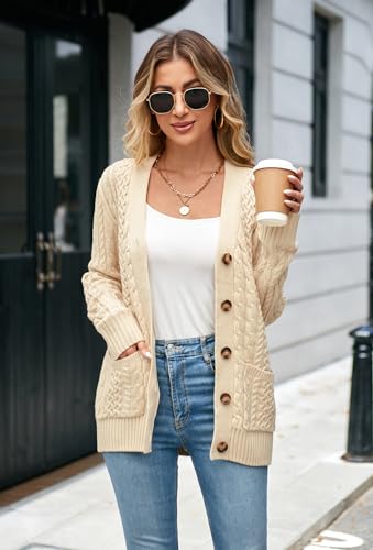 Image of Womens Cardigan Sweaters Cable Knit Sweater 2026 Fall Winter Chunky Open Front Button Down Coats with Pockets