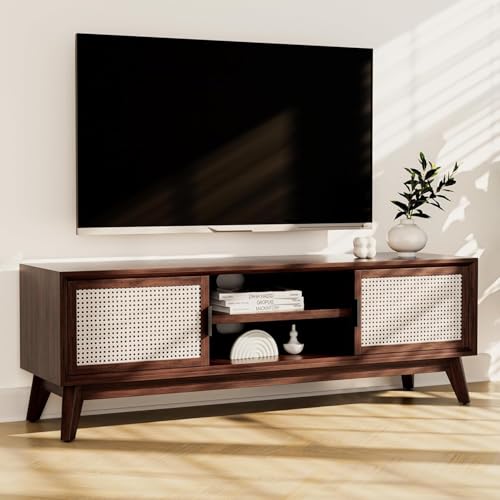 Image of TV Stand for 65 inch TV, Dark Chocolate (Walnut Colour) | Solid Wood, 10 Minutes Assembly (Legs Only), Aesthetic Rattan Doors, Mid Century Entertainment Center