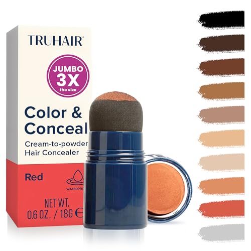 TRUHAIR Jumbo Color & Conceal Waterproof Root Touch Up Hair Color for Gray Hair Coverage - Instant Root Cover Up Hair Powder for Women & Men - Bald Spot Concealing, Hairline Filling (Red)
