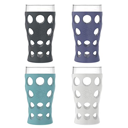 Lifefactory 20-Ounce Beverage Glasses with Protective Silicone Sleeves, 4 Count (Pack of 1), Stone Gray, Aqua Teal, Dusty Purple, Carbon