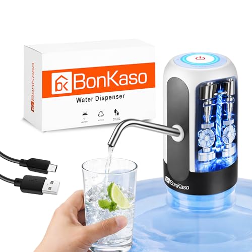 Image of BonKaso Automatic Water Dispenser Pump for 20L Bottle, USB Rechargeable Portable Electric Water Pump with One-Touch Operation, Metal Removable Pipe, Fast Flow Drinking Water Dispenser(Black & White)