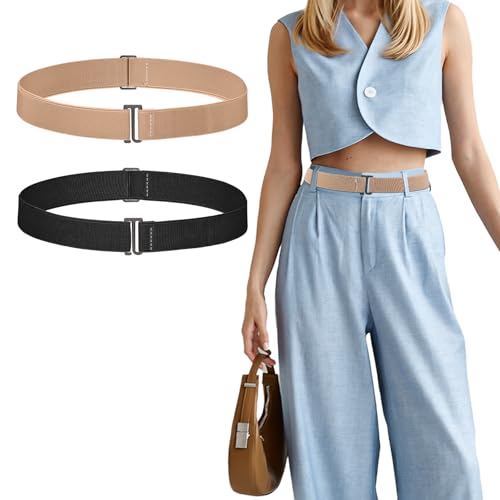 Crop Tuck Band, 2 Pcs Adjustable Crop Top Tuck Waist Band Tucking Sweater Shirt Elastic Stretch Belts for Women, Black+Khaki