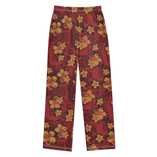 Tribal Hibiscus Florals Boys Long Pants Soft Trousers Elastic Waist Kids Lounge Bottoms with Pockets S-XL
