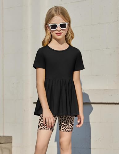 Image of Arshiner Girls Summer Outfits Short Sleeve Ruffle Hem Top and Biker Shorts Set Girl Clothes 4-15 Years