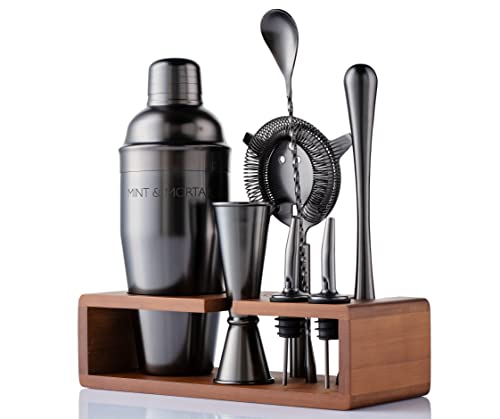 Mint & Mortar Cocktail Shaker Set, 7-Piece Stainless Steel Bartender Kit with Bamboo Stand, 24 oz Cobbler Shaker and Home Bar Tools, Gunmetal