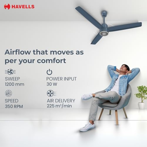 Image of Havells EPIC SIGNIA BLDC Ceiling Fan 1200mm, 5 star, LED Speed Indicator, 380 RPM, Up to 65% Savings,Reverse Rotation,4 Speed Modes,Low Wattage 30W,Low Noise,Air Flow:225 CMM, Denim Blue