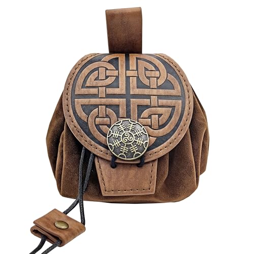 Medieval Viking Faux Leather Pouch Drawstring Nordic Renaissance Coin Purse Dice Bag for Unisex Costume Accessories (Celtic knot Brown A)