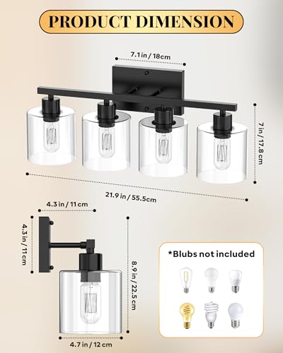 Image of Bathroom Vanity Light Fixtures 4-Light Black Wall Sconce, Brushed Nickel Mirror Light with Clear Glass Shade, Easy Install Bedroom Hallway Lighting, E26 Base