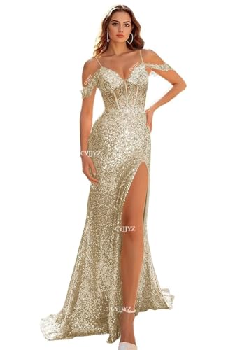 Off Shoulder Sequin Prom Dresses for Women 2025 Sparkly Mermaid Long Formal Dress Corset Evening Gown with Slit