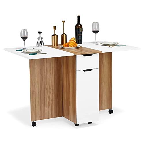 Jomeed Folding Dining Table With 6 Wheels, Drawer And 2-Layer Storage Shelf, Drop Leaf Table For Small Space Space Saving Dining Table For Kitchen, Living Room (White And Wood Grain) #TOP7