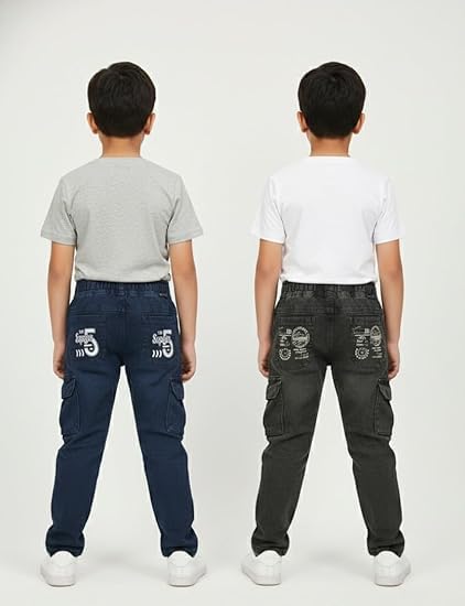 Image of Boys Cargo Pants, Kids Cargo Jeans with Pockets, Adjustable Waist, Stretch Denim Casual Pants for Boys
