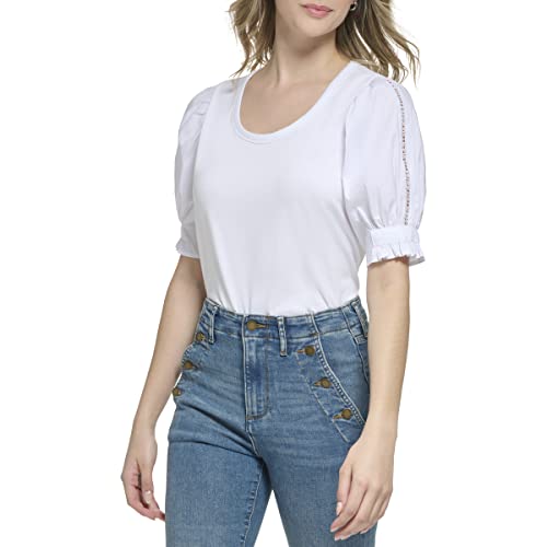 Karl Lagerfeld Paris Women's Soft Short Sleeve Everyday Fashion Sport Knit, White, Small #TOP2