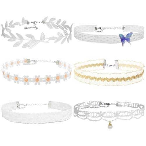 Nova&Aria 6PC White Chokers Set For Women Heart Pearl Choker Necklaces Flower Pendant Velvet Cute Choker Necklace Classic Tattoo Colorful Lace Chokers-02