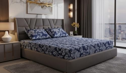 Image of 400TC Cotton Feel Glace Cotton Fully Elastic Fitted Bedsheet Single Size Bed with 1 Pillow Cover (36 inch x 78 inch inches, Aarchid Blue)