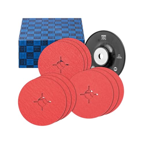 PFERD TOOLS Fiberscheiben-Set, 10-tlg. | Keramikkorn Ø125mm CO-COOL 36, 60, 80 mit Hochleistungs-Stützteller | 64198002 – für kühlen Schliff auf Edelstahl