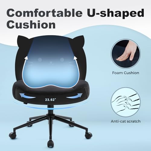 Image of IWMH Ergonomic Criss Cross Legged Office Chair with Wheels, Desk Chair with Fabric Padded, Height Adjustable Wide Seat Vanity Chairs,Mid Back Task Chair for Home, Bedroom (Black)