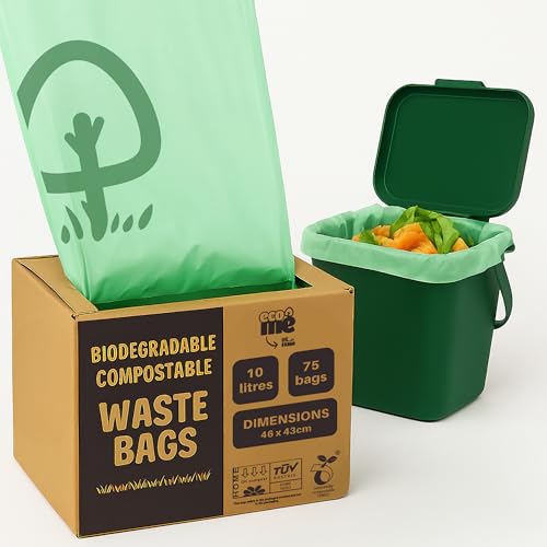 ecoME | 10L Extra Thick Compostable Caddy Liners | Biodegradable Food Waste Bags | Food Waste Caddy Bin Liners | EN 13432 Certified | UK Brand (10L 75 LINERS)