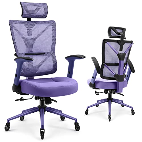 Yamasoro High Back Ergonomic Mesh Office Chair, Metal Frame Home Office Desk Chair With Adjustable Arms, Headrest And Extra Seat Cover, Purple #TOP11