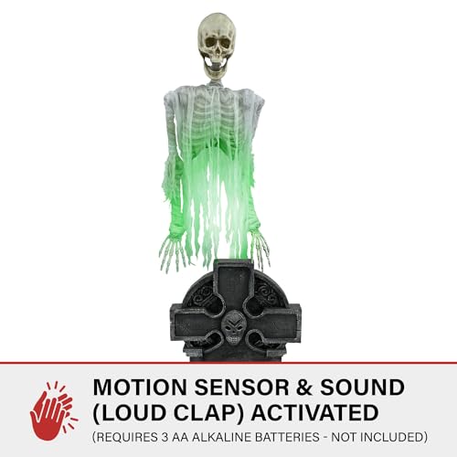 Haunted Hill Farm Motion Activated Floating Skeleton Ghost Over Tombstone by Tekky, Battery Operated Halloween Animatronic for Indoor or Covered Outdoor Creepy Halloween Decorations, Halloween Props