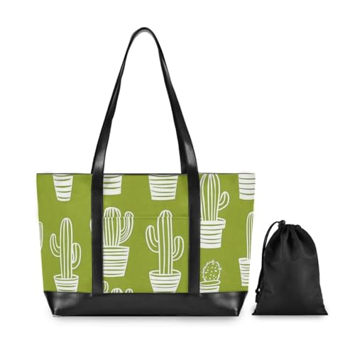 KLL Green Cactus Pattern Sturdy 14inch laptop tote with zipper bag 14 inch Large Handbag for Pool Gym Grocery Travel with lunch bulto para laptop2