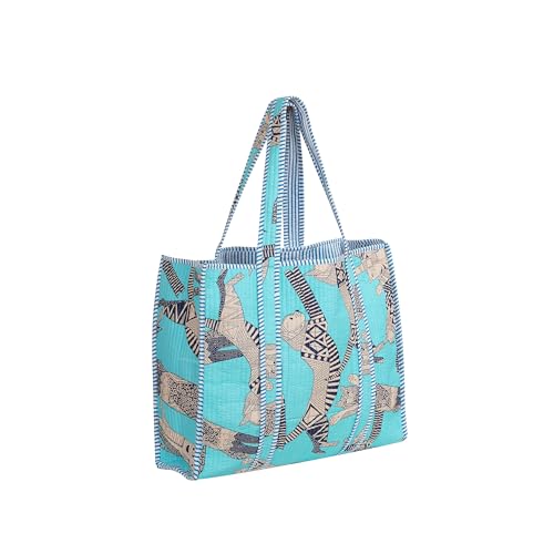 Image of Cotton Tiger Block Print Tote Bag, Indian Handmade Shopping Shoulder Bag, Unisex Market Daily Use