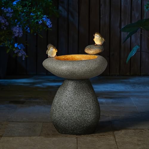 Image of Glitzhome 20.75 inch H Water Fountain with LED Light and Pump, Zen Style Faux Stone Texture Birdbath Outdoor Fountains with Birds Decor, Floor Fountain for Porch Deck Patio Backyard