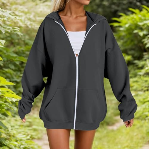 Loinjsnktng Light Weight Zip Up Hoodie Women Plus Size 2026 Casual Long Sleeve Zipper Sweatshirt Fall Hooded Top With Pockets Dark Gray - image 4