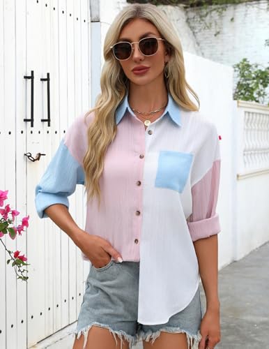 Neweek Womens Linen Button Down Shirts Casual Long Sleeve Loose Textured Collared Blouses Work Tops with Pocket3