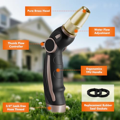 Image of RESTMO Garden Hose Nozzle, Heavy Duty Water Hose Sprayer Nozzle, Brown | Brass Head, Thumb Control, Adjustable 4 Spray Patterns, Leak-proof, Metal Hose Nozzle for Outdoor Lawn & Plant & Car