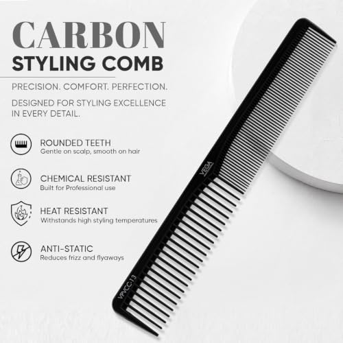 Image of VEGA PROFESSIONAL Carbon Styling Comb with Anti-Static & Heat-Resistant Teeth | Hair Comb for Salon, Professional Hair Styling & Detangling | Teasing, Precision Parting & All Hair Types (VPVCC-13)