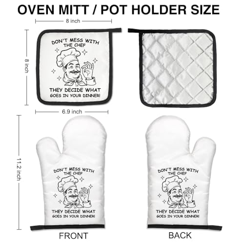GEYGIE Don't Mess with The Chef They Decide What Goes in Your Dinner Funny Oven Mitts and Pot Holders Set, Home Cooking Baking Tools, Housewarming Gifts for Male Host, Kitchen Gifts for Dad Uncle Men