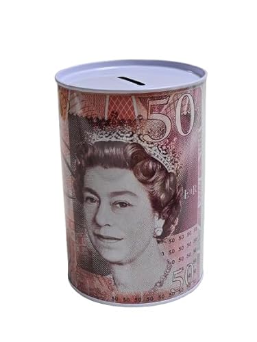 £50 Money Boxes - Bank Note Money Tin Piggy Bank, Savings Tin for Kids, Compact Cash Tin with Note & Coin Slot Opening, Multicolour Coin Bank, Ideal Money Saving Jar for Adults & Juniors (LARGE)
