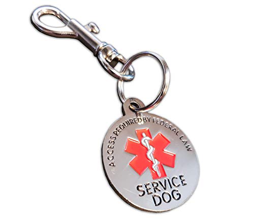 ActiveDogs Service Dog Chrome Tag - Double Sided - ADA Access Required by Federal Law with Red Medical Alert Symbol 1.25 inch. Easily to Attach to Collar, Leash or Harness Vest