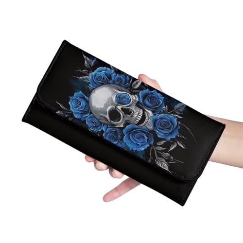 Image of AFPANQZ Skull Blue Rose Women's Wallets RFID Blocking Large Capacity Luxury PU Leather Clutch Wallet Card Holder Organizer Long Purse for Women Travel Purses Holder Zip Coin Wallet Purse