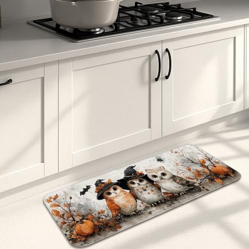 Tapis de cuisine motif chouette pour sol, motif chouettes d'automne charmantes tapis rustiques doux, rembourrés, confortables, lavables et antidérapants pour cuisine,...