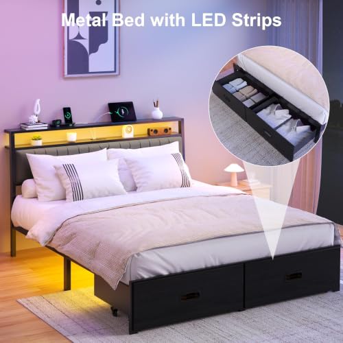 Image of Queen Bed Frame with 2 Drawers, Platform Bed Frame with LED Lights and Charging Station, Upholstered Headboard, Heavy Duty Metal Slats, No Box Spring Needed, Noise Free, Easy Assembly