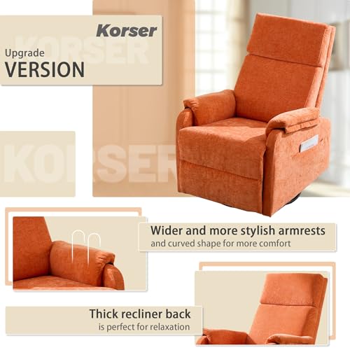 Image of Korser Recliner Chair, Swivel Rocking Recliner Chair for Adults, Glider Rocking Chair, Small Nursery Chair Recliner for Living Room, Reclining Chair with Modern-Designed Armrests, Chenille, Orange
